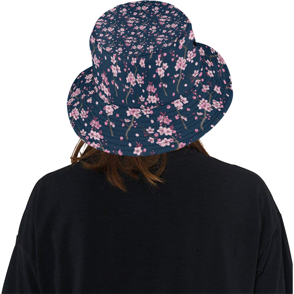Pink sakura cherry blossom blue background Unisex Bucket Hat