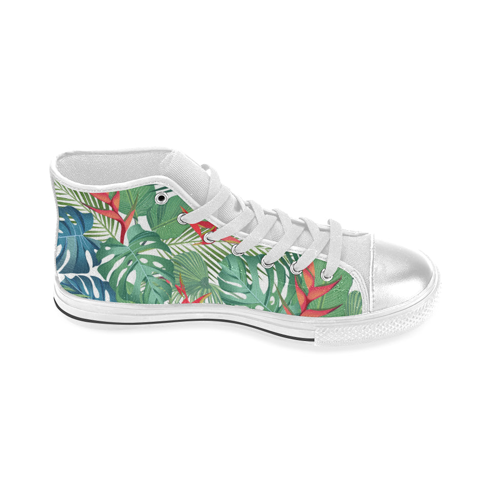 heliconia palm and monstera  leaves pattern Women's High Top Canvas Shoes White