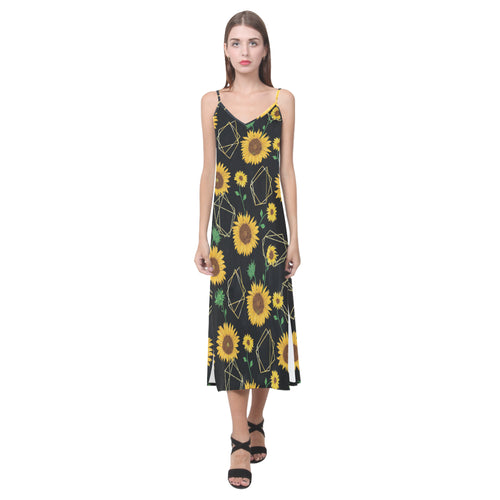 sunflower golden polygonal shapes V-Neck Open Fork Long Dress