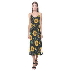 sunflower golden polygonal shapes V-Neck Open Fork Long Dress