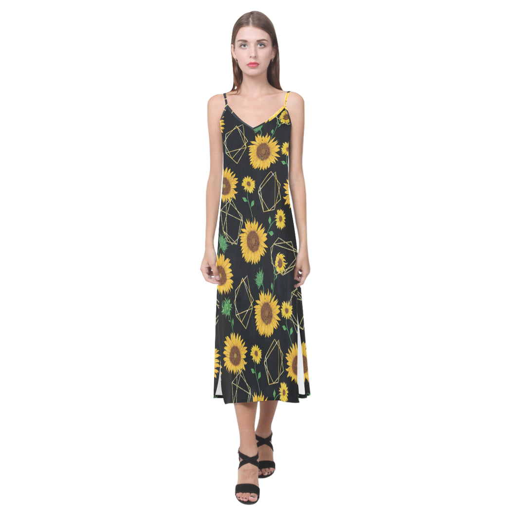 sunflower golden polygonal shapes V-Neck Open Fork Long Dress