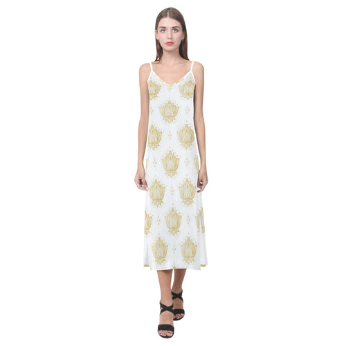 Gold Ornamental lotue waterlily symbol pattern V-Neck Open Fork Long Dress