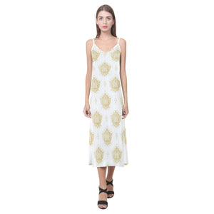 Gold Ornamental lotue waterlily symbol pattern V-Neck Open Fork Long Dress
