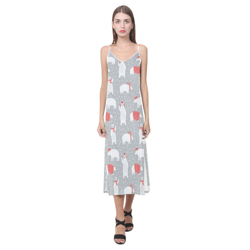 Cute polar bear christmas snow pattern V-Neck Open Fork Long Dress