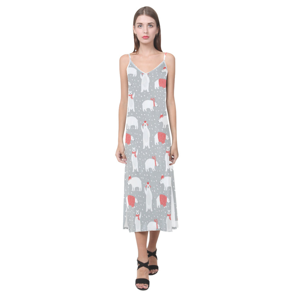 Cute polar bear christmas snow pattern V-Neck Open Fork Long Dress
