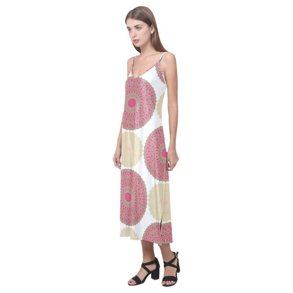 Circle indian pattern V-Neck Open Fork Long Dress