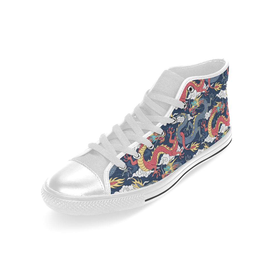 Blue red dragon cloud pattern Men's High Top Canvas Shoes White