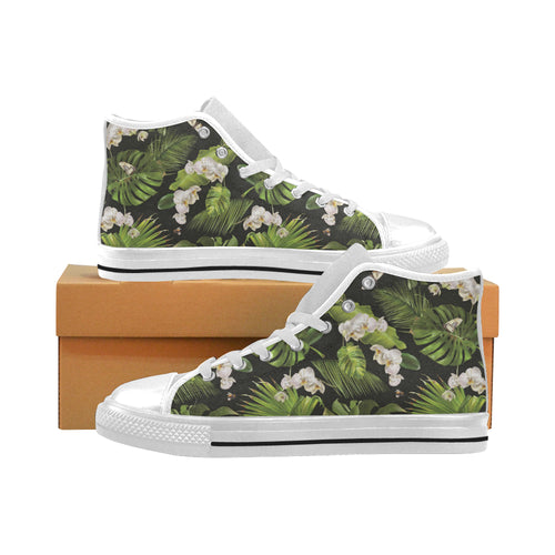 White orchid flower tropical leaves pattern blackg Men's High Top Canvas Shoes White