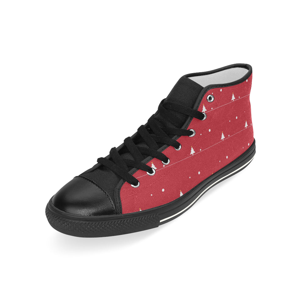 Christmas tree star snow red background Men's High Top Canvas Shoes Black