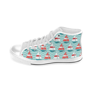 Red White sailboat wave background Men's High Top Canvas Shoes White