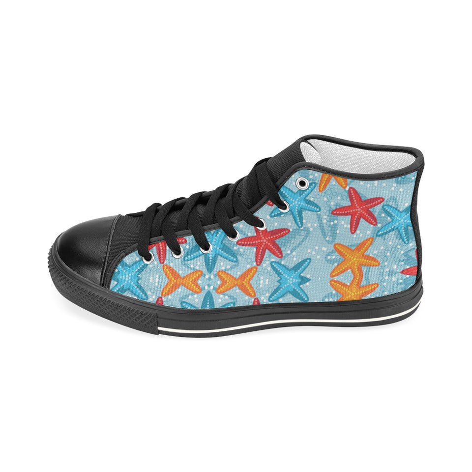 Blue red orange starfish pattern Women's High Top Canvas Canvas Shoes Black