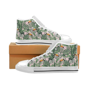 Toucan tropical green jungle palm pattern Men's High Top Canvas Shoes White