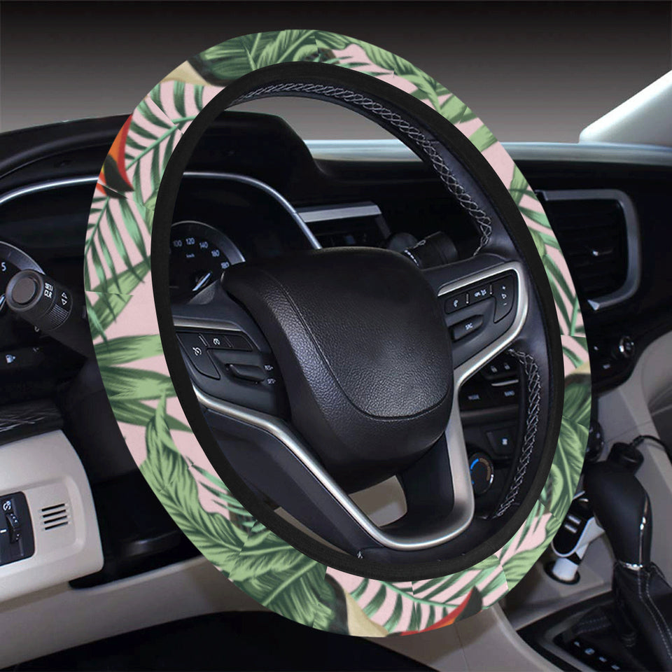 Toucan tropical green jungle palm pattern Car Steering Wheel Cover