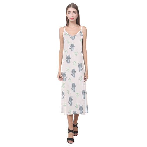 cute raccoons leaves pattern V-Neck Open Fork Long Dress