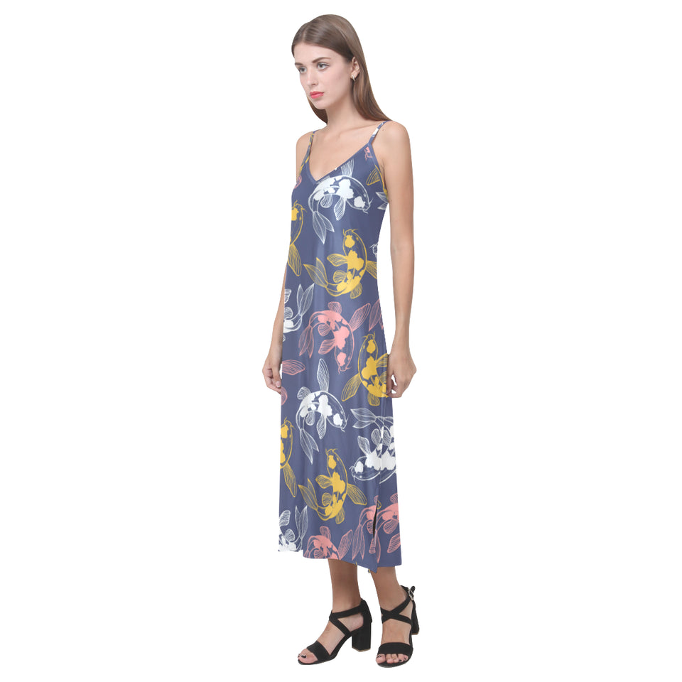Fancy Carp pattern V-Neck Open Fork Long Dress