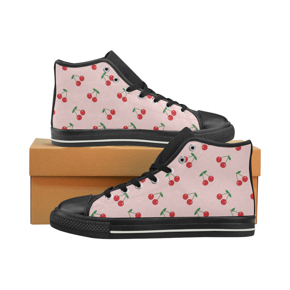 cherry pattern pink background Men's High Top Canvas Shoes Black