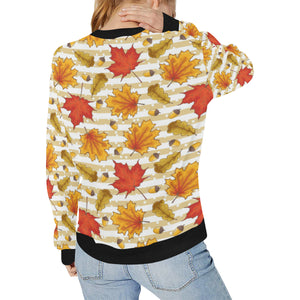 Maple leaf oak leaf acorns beige striped backgroun Women's Crew Neck Sweatshirt