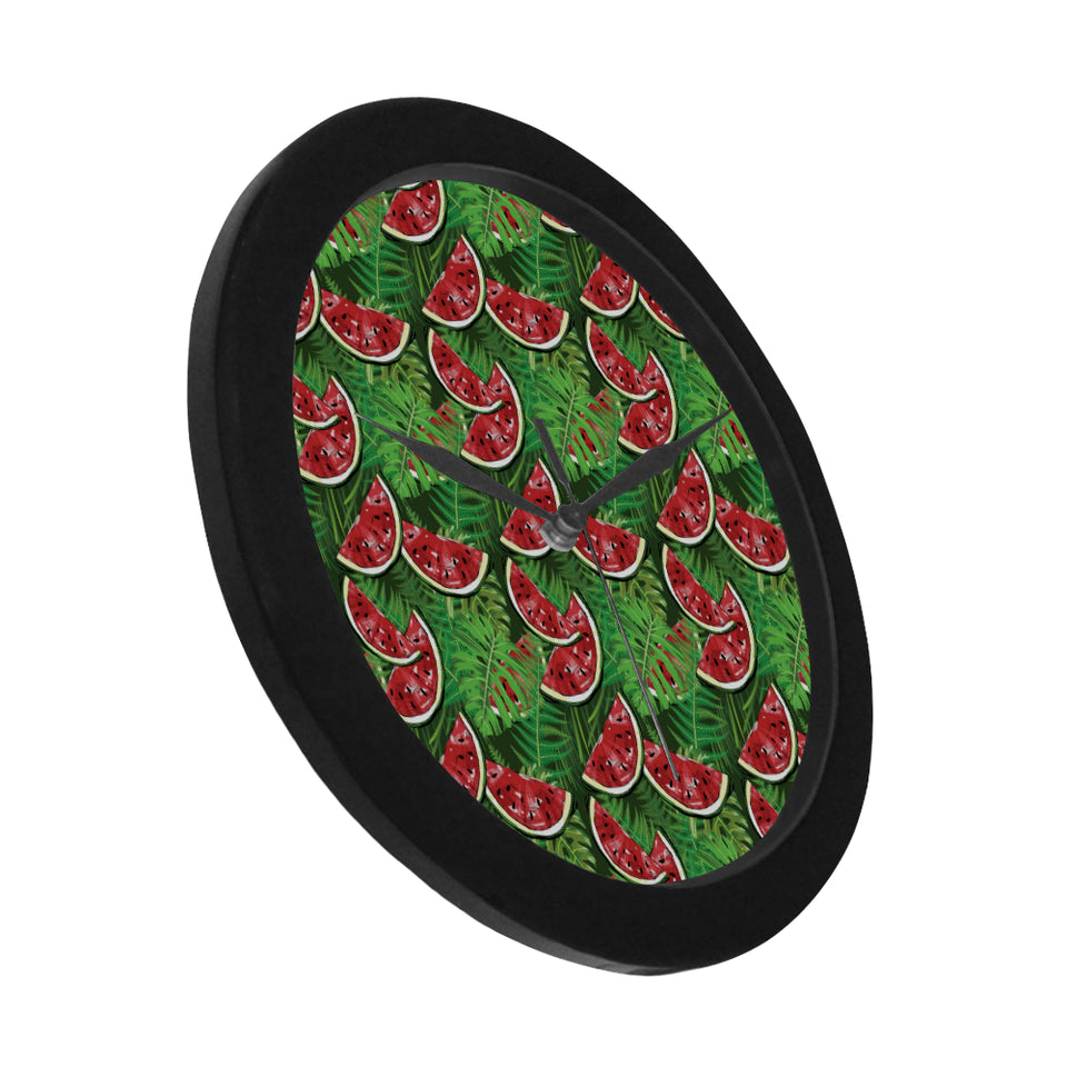 Watermelons tropical palm leaves pattern backgroun Elegant Black Wall Clock