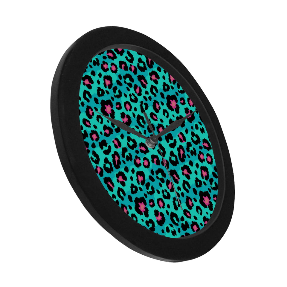 Green leopard skin print pattern Elegant Black Wall Clock