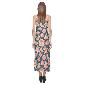 Christmas gingerbread cookie pattern V-Neck Open Fork Long Dress
