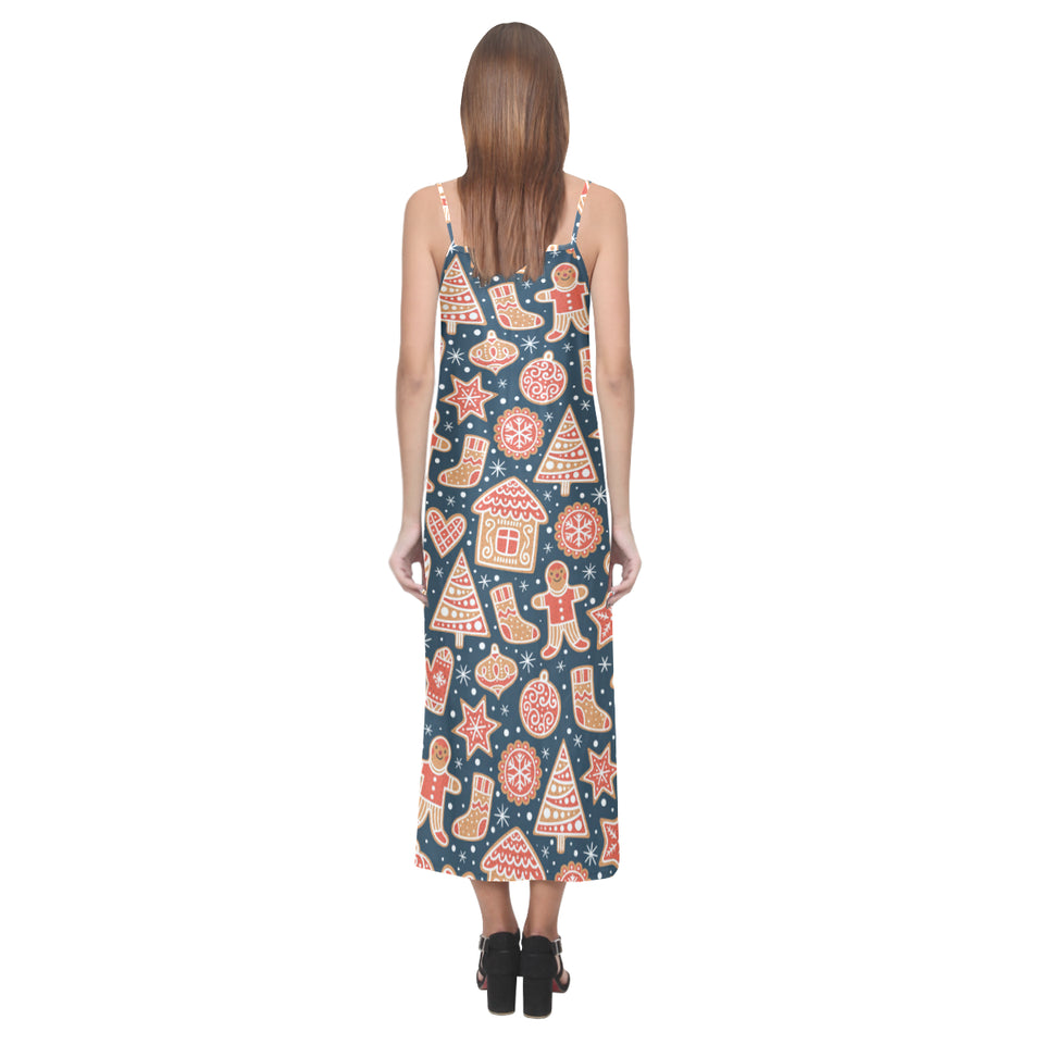 Christmas gingerbread cookie pattern V-Neck Open Fork Long Dress