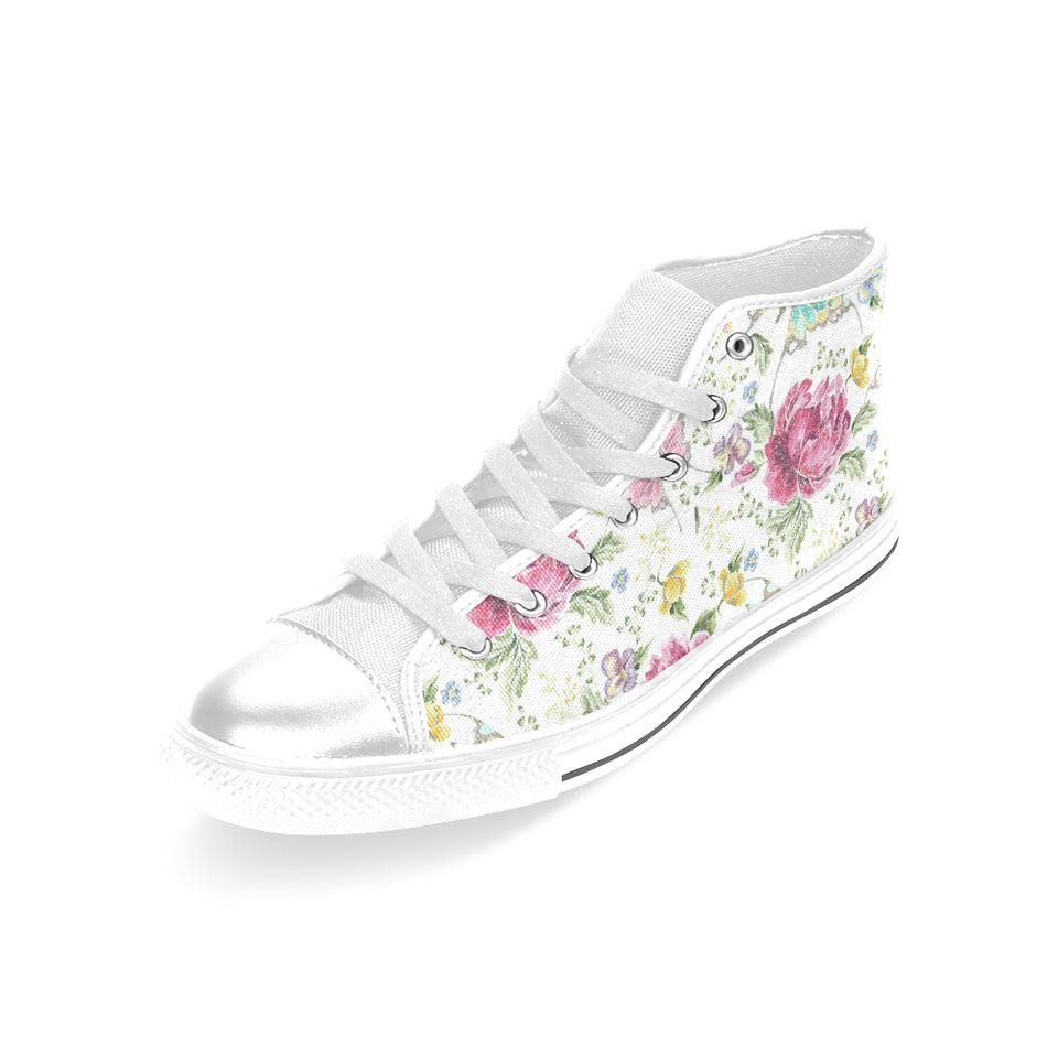 Hand drawn butterfly rose Women's High Top Canvas Shoes White