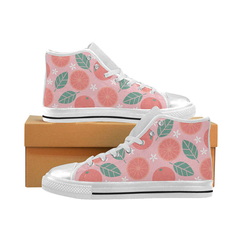 Grapefruit leaves flower pink background Women's High Top Canvas Shoes White