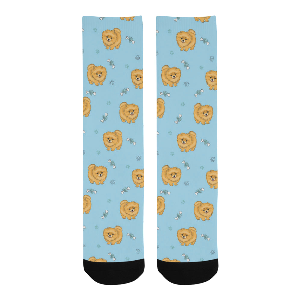 Brown cute pomeranian blue blackground Crew Socks