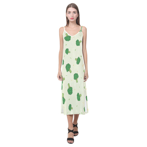 Broccoli pattern V-Neck Open Fork Long Dress
