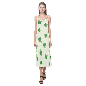 Broccoli pattern V-Neck Open Fork Long Dress