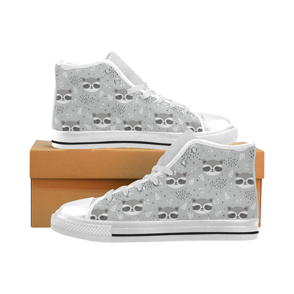 Cute raccoons leaves dot Men's High Top Canvas Shoes White