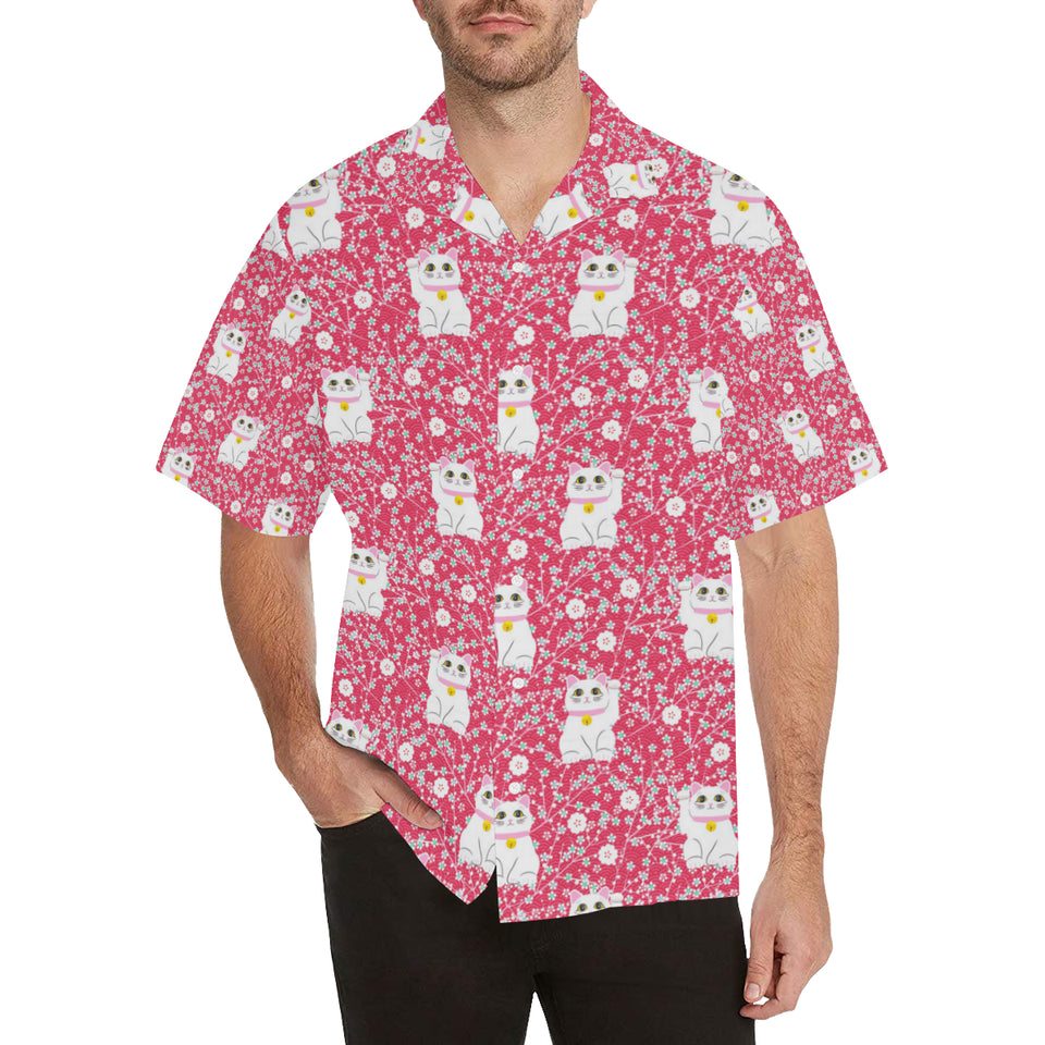 Maneki neko cat sakura pink background Men's All Over Print Hawaiian Shirt
