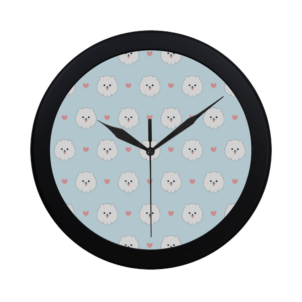 White cute pomeranian pattern Elegant Black Wall Clock
