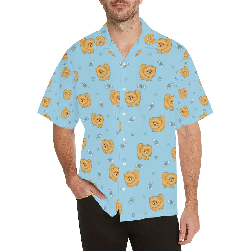 Brown cute pomeranian blue blackground Men's All Over Print Hawaiian Shirt