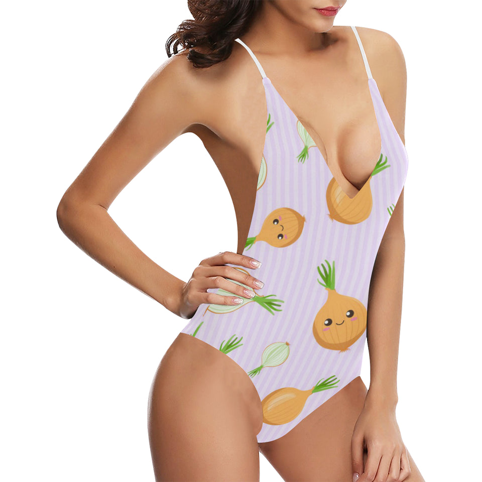 cute onions smiling faces purple background Women's One-Piece Swimsuit