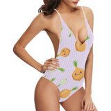 cute onions smiling faces purple background Women's One-Piece Swimsuit