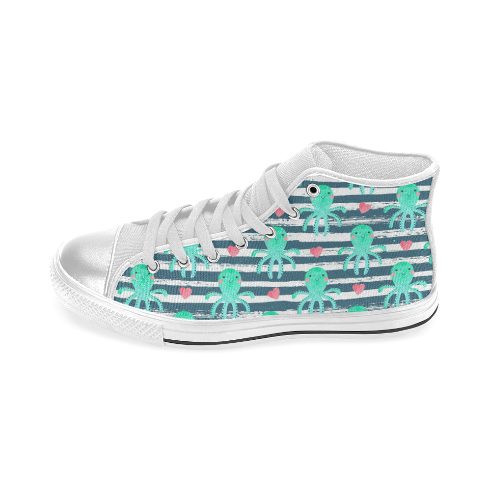 Cute octopuses heart striped background Women's High Top Canvas Shoes White