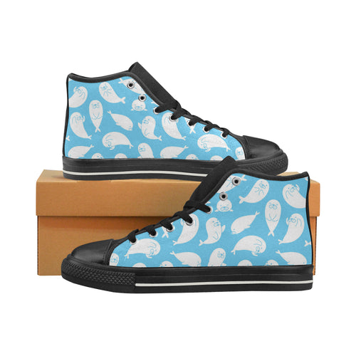 Cute white sea lion seals pattern Women's High Top Canvas Shoes Black