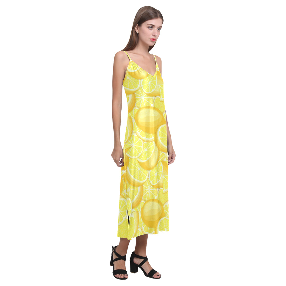 lemon pattern V-Neck Open Fork Long Dress