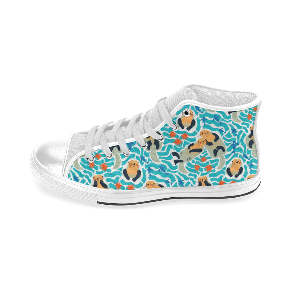 Cute sea otters fishe sea urchin pattern Men's High Top Canvas Shoes White