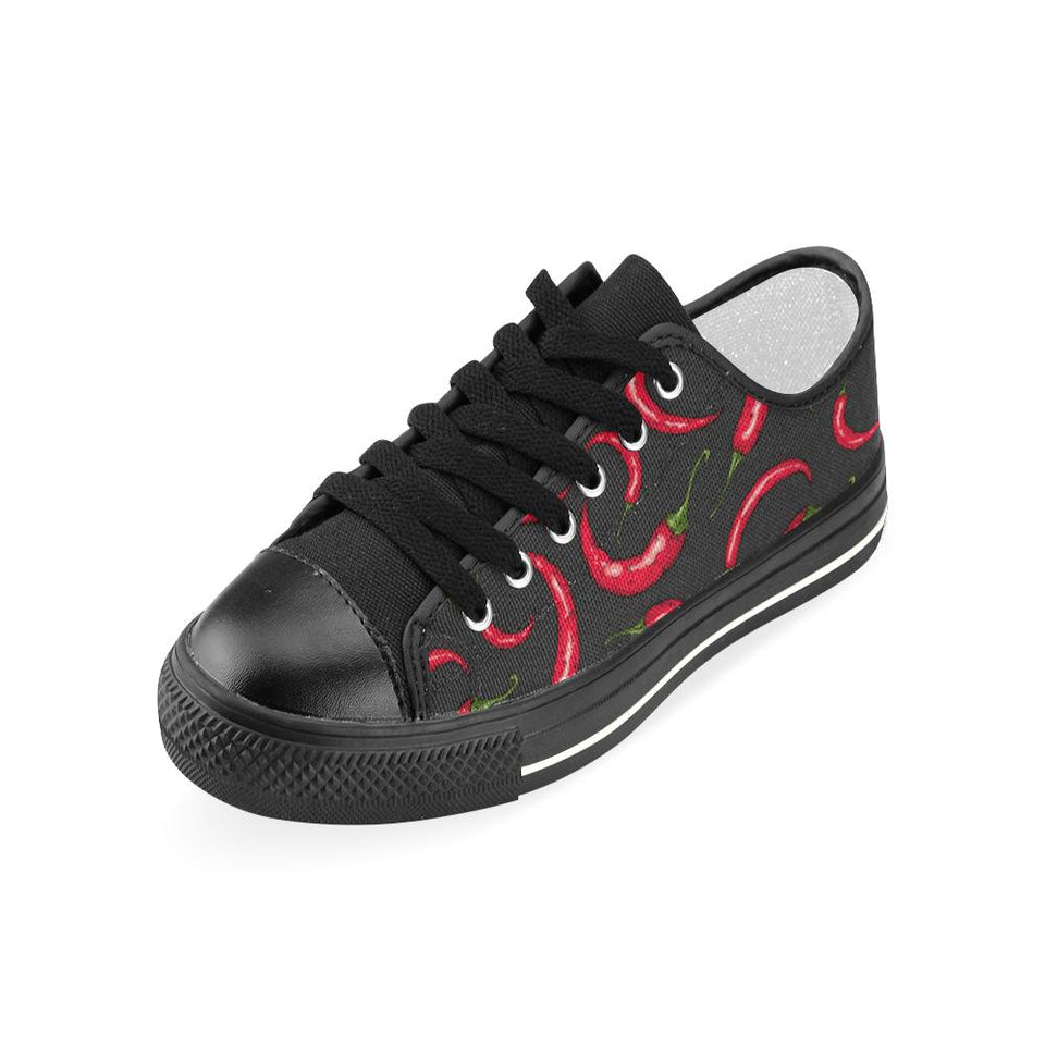 Chili peppers pattern black background Kids' Boys' Girls' Low Top Canvas Shoes Black