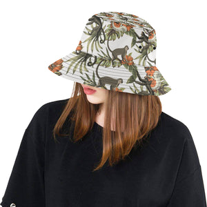 Monkey red hibiscus flower palm leaves floral patt Unisex Bucket Hat