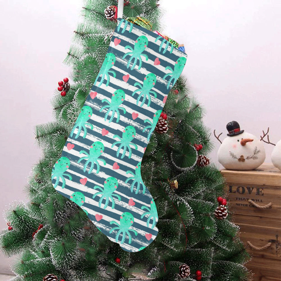 Cute octopuses heart striped background Christmas Stocking