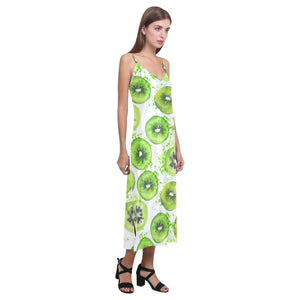 Watercolor kiwi pattern V-Neck Open Fork Long Dress