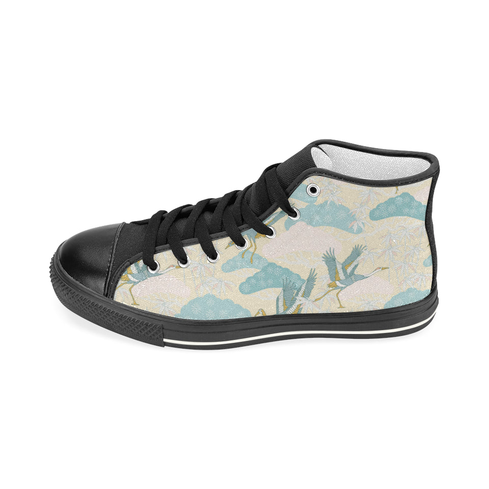 Bonsai bamboo stork japanese pattern cream theme Men's High Top Canvas Shoes Black