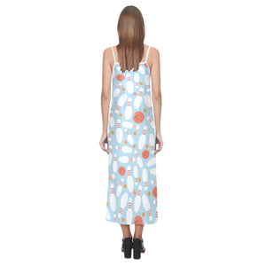 Bowling ball bowling pins blue blackground V-Neck Open Fork Long Dress
