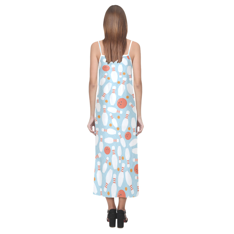 Bowling ball bowling pins blue blackground V-Neck Open Fork Long Dress