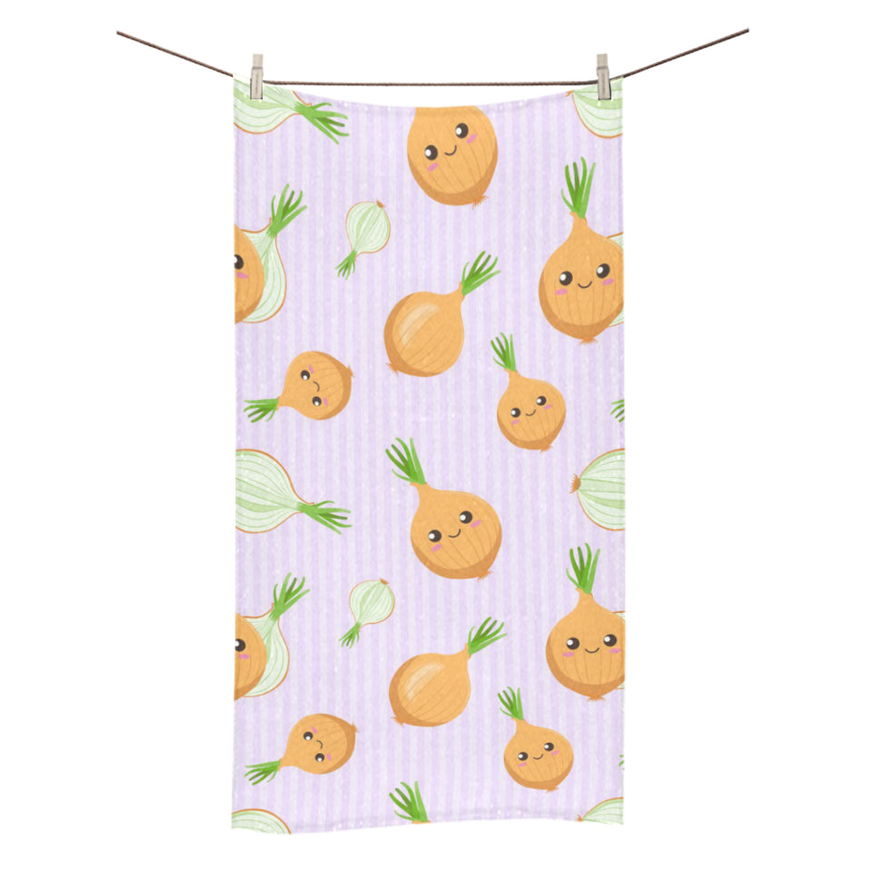 cute onions smiling faces purple background Bath Towel