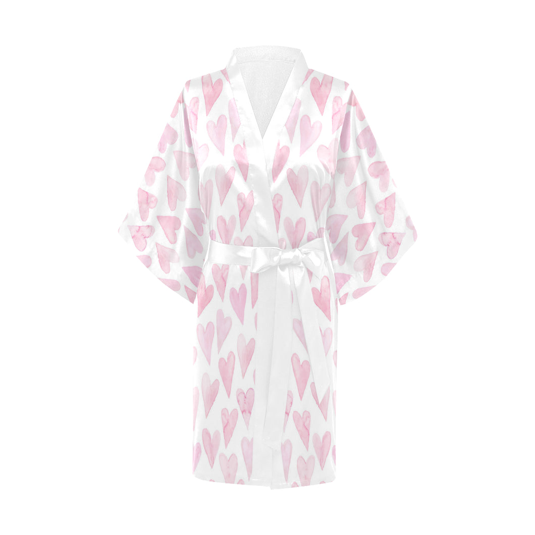 Watercolor pink heart pattern Women's Short Kimono Robe