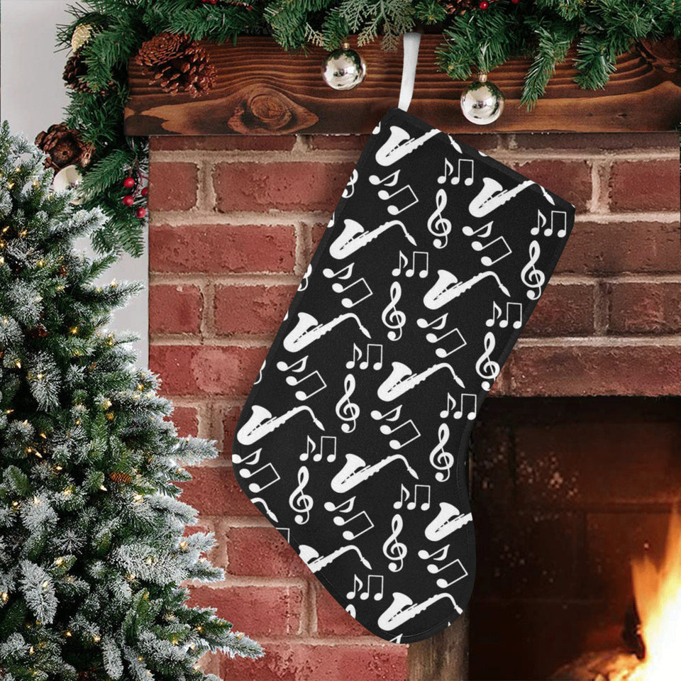 Saxophone music notes treble clef black white them Christmas Stocking